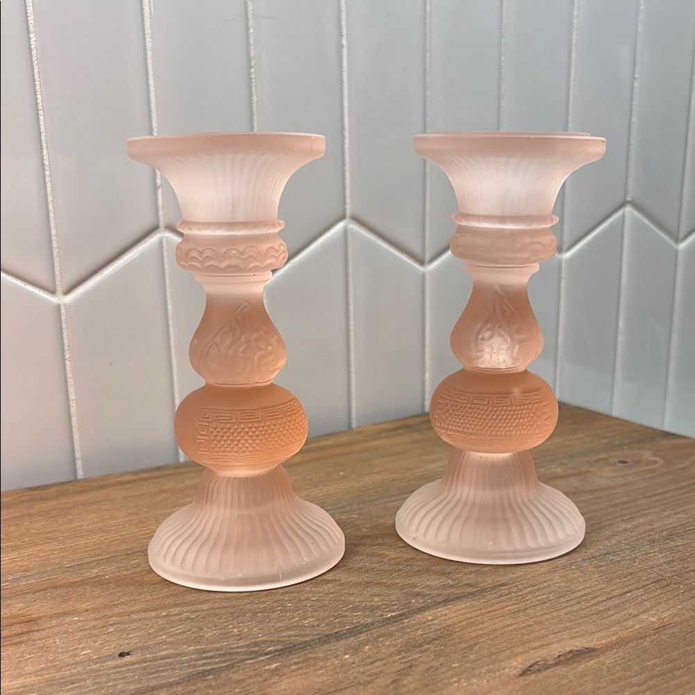 Pair of Frosted Pink Glass Candle Holders